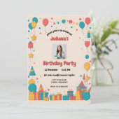 風船カラフルとギフトのパーソナライズされた誕生日 招待状 (スタンド正面)