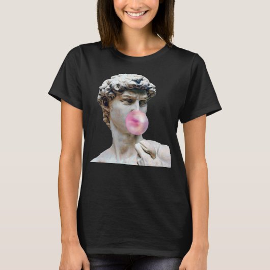 風船ガムを持つミケランジェロのダビデ像 男性 女性 Tシャツ (正面)