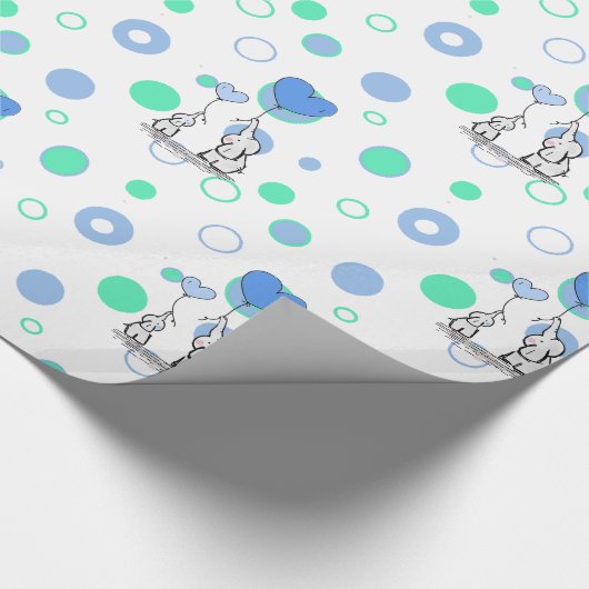 風船ギフトWを持つ白い緑の青い象 ラッピングペーパー (角)