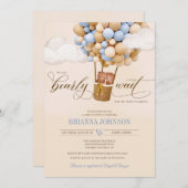 風船ツインボーイ赤ちゃんシャワーを楽しく待つ 招待状 (正面/裏面)