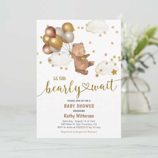風船テディベア我々は赤ちゃんシャワーを待つことができる 招待状 (スタンド正面)