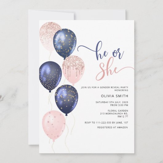 風船ピンクまたは青の緑の性別が明らかになる 招待状 (正面)