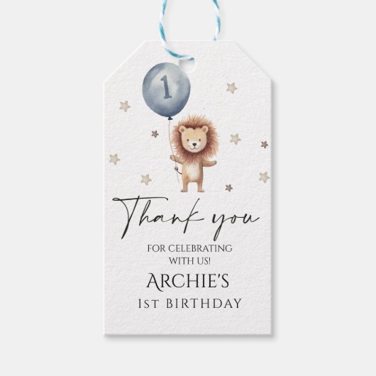 風船ファースト誕生日付き野生のライオン ギフトタグ (正面)