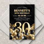 風船ブラック金ゴールド30th Birthday 招待状<br><div class="desc">風船のバンチとバンチ – このデザインは支えない！文字通はっきりしたり風船で溢れエレガントている宇宙に数値とタイポグラフィを搭載し、このデザインはインスタントパーティースターターである。金ゴールドと黒の配色とレトロなタイポグラフィはクラシックを設定スタイリッシュし、イベントのトーン。男か女モダン性、ダッパー、または誰もが10代のスタイルの節目祝の誕生日に最適。彼らもしと同じくらいトップのイベントが欲しい、忘れられないお祝いを簡単に作るために作品を調整するために今日コレクションをチェック！</div>