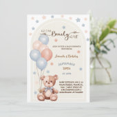 風船ベビーシャワー付き水素朴色クマ 招待状 (スタンド正面)