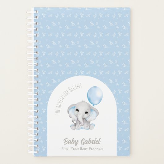 風船ベビー付き可愛い青い水彩象 プランナー手帳 (正面)