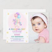 風船ユニコーン誕生日招待状と写真 招待状 (正面/裏面)