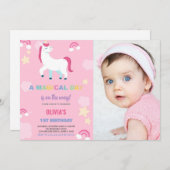 風船ユニコーン誕生日招待状と写真 招待状 (正面/裏面)