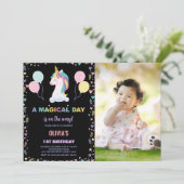 風船ユニコーン誕生日招待状と写真 招待状 (スタンド正面)