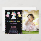 風船ユニコーン誕生日招待状と写真 招待状 (正面/裏面)
