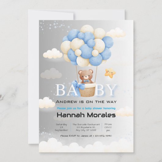 風船付きかわいいクマ二重日除けベビーシャワー 招待状 (正面)