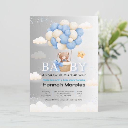風船付きかわいいクマ二重日除けベビーシャワー 招待状 (スタンド正面)