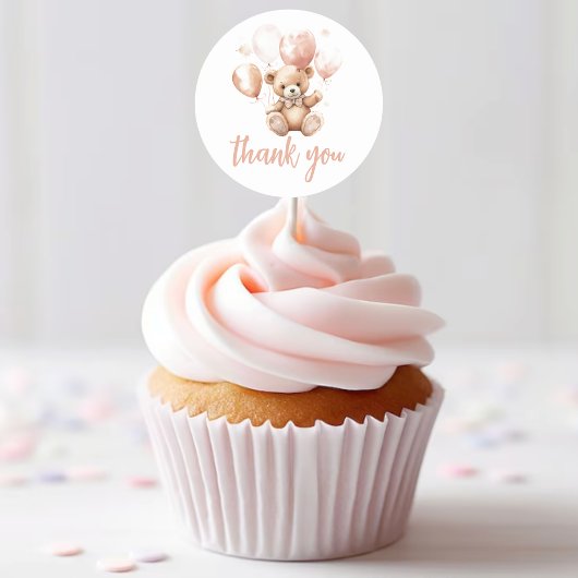 風船付きかわいいクマ |ベビーピンク ラウンドシール