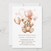 風船付きかわいいクマ |ベビーピンク 招待状 (正面)
