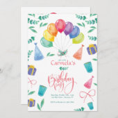 風船付きの誕生日パーティー招待状 招待状 (正面/裏面)