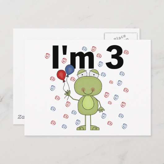 風船付きカエル3歳の誕生日 ポストカード (正面/裏面)
