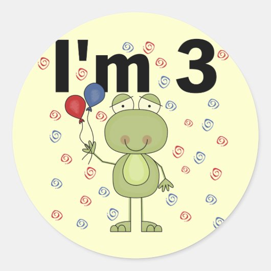 風船付きカエル3歳の誕生日 ラウンドシール (正面)
