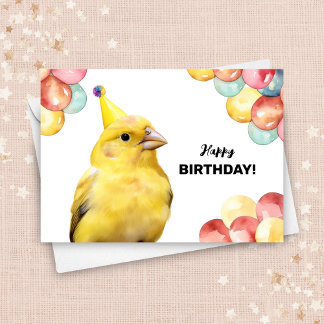風船付きカナリア鳥とパーティー帽子誕生日 カード