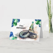 風船付きグリーンスネークとパーティーハット誕生日 カード (正面)