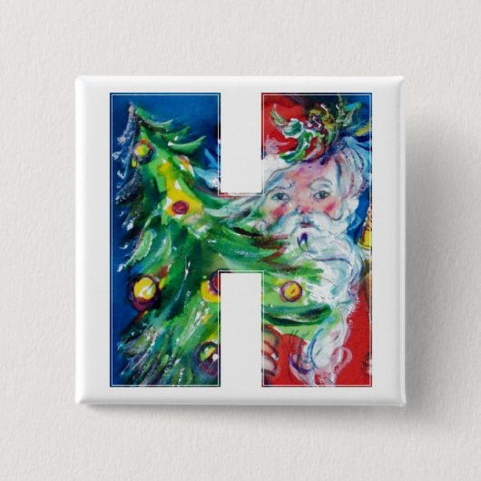 風船付きサンタとクリスマスツリーHモノグラム 缶バッジ (正面)