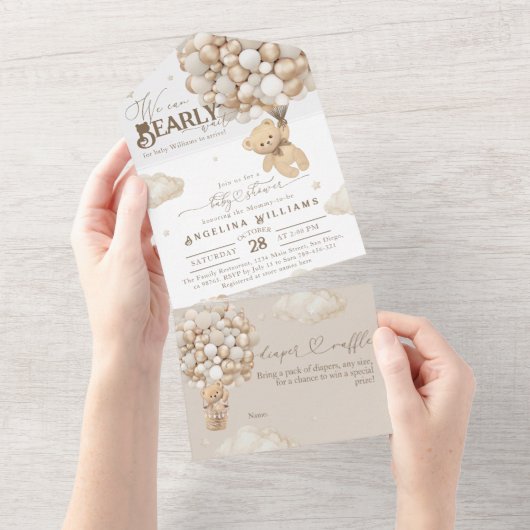 風船付きテディベア中性ベビーシャワー オールインワン招待状 (貼ってはがせる)