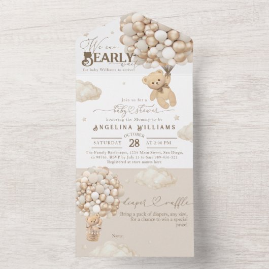 風船付きテディベア中性ベビーシャワー オールインワン招待状 (内側)