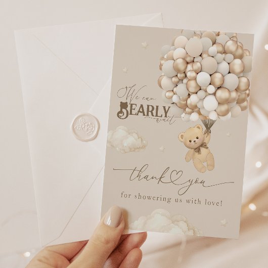 風船付きテディベア中性ベビーシャワー サンキューカード