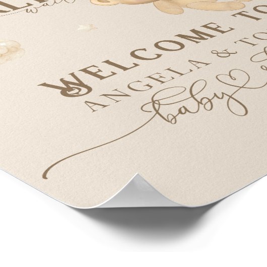 風船付きテディベア中性ベビーシャワー ポスター (角)