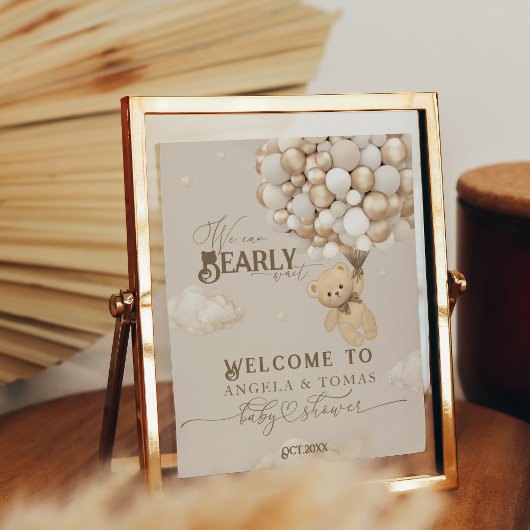 風船付きテディベア中性ベビーシャワー ポスター