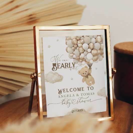 風船付きテディベア中性ベビーシャワー ポスター