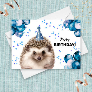 風船付きハリネズミとパーティー帽子誕生日 カード
