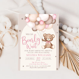 風船付きピンクテディベア誕生日招待状 招待状