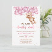 風船付きピンクベアぬいぐるみベビーシャワー 招待状 (スタンド正面)