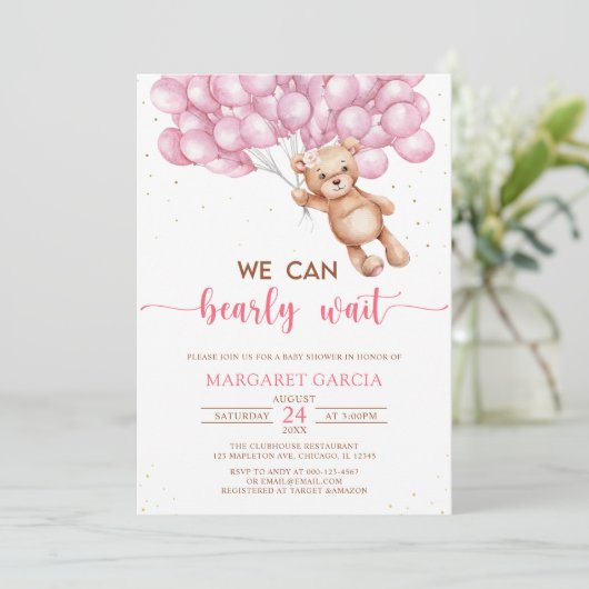 風船付きピンクベアぬいぐるみベビーシャワー 招待状 (スタンド正面)