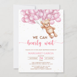 風船付きピンクベアぬいぐるみベビーシャワー 招待状