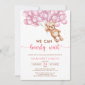 風船付きピンクベアぬいぐるみベビーシャワー 招待状 (正面)