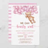 風船付きピンクベアぬいぐるみベビーシャワー 招待状 (正面/裏面)