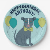 風船付きメガネをかけているピットブル犬 ペーパープレート (正面)