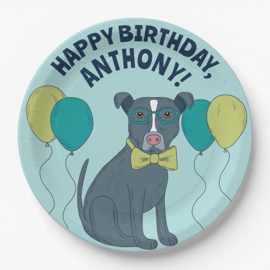 風船付きメガネをかけているピットブル犬 ペーパープレート (正面)