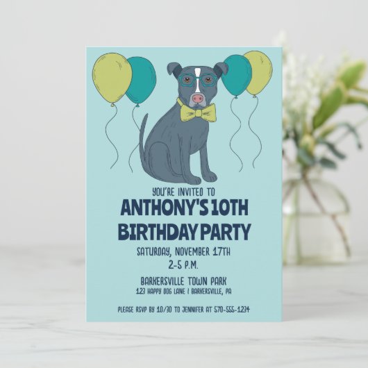 風船付きメガネをかけているピットブル犬 招待状 (スタンド正面)