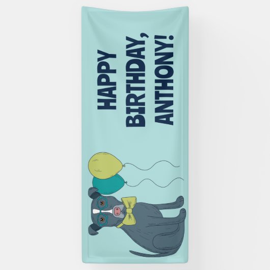 風船付きメガネをかけているピットブル犬 横断幕 (縦)