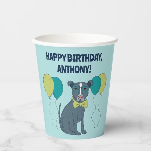 風船付きメガネをかけているピットブル犬 紙コップ (正面)
