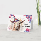 風船付きヤギとパーティー帽子ハッピーバースデー カード (正面)