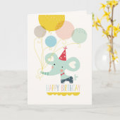 風船付き可愛いカートゥーン象誕生日カード カード (黄色い花)