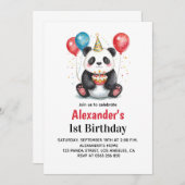 風船付き可愛いパンダ&ケーキ1歳 招待状 (正面/裏面)