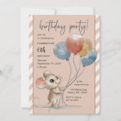 風船付き可愛い水色マウス誕生日 招待状 (正面)