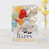 風船付き可愛い猫誕生日グリーティングカード カード (黄色い花)