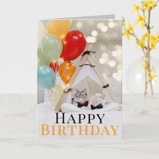 風船付き可愛い猫誕生日グリーティングカード カード (黄色い花)