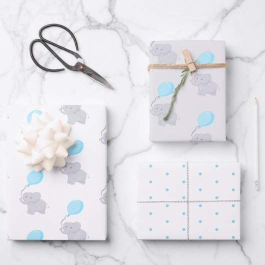 風船付き可愛い象 |男の赤ちゃん ラッピングペーパーシート (正面)