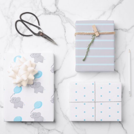 風船付き可愛い象 |男の赤ちゃん ラッピングペーパーシート (正面)